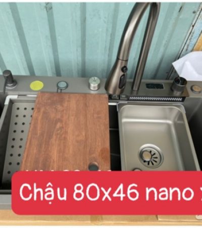 Chậu thác cao cấp 2 phím  80x46 nano xám nhiệt độ và inox 304