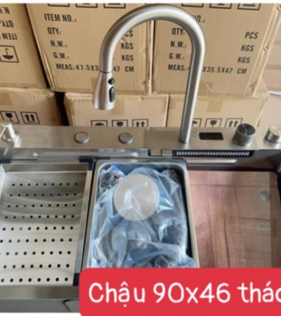 Chậu thác cao cấp 2 phím 90x46 nano xám nhiệt độ và inox 304